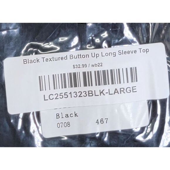 Button-Up Long Sleeve Shirt Black Textured Top Womens Large 100% Polyester New - Picture 6 of 8